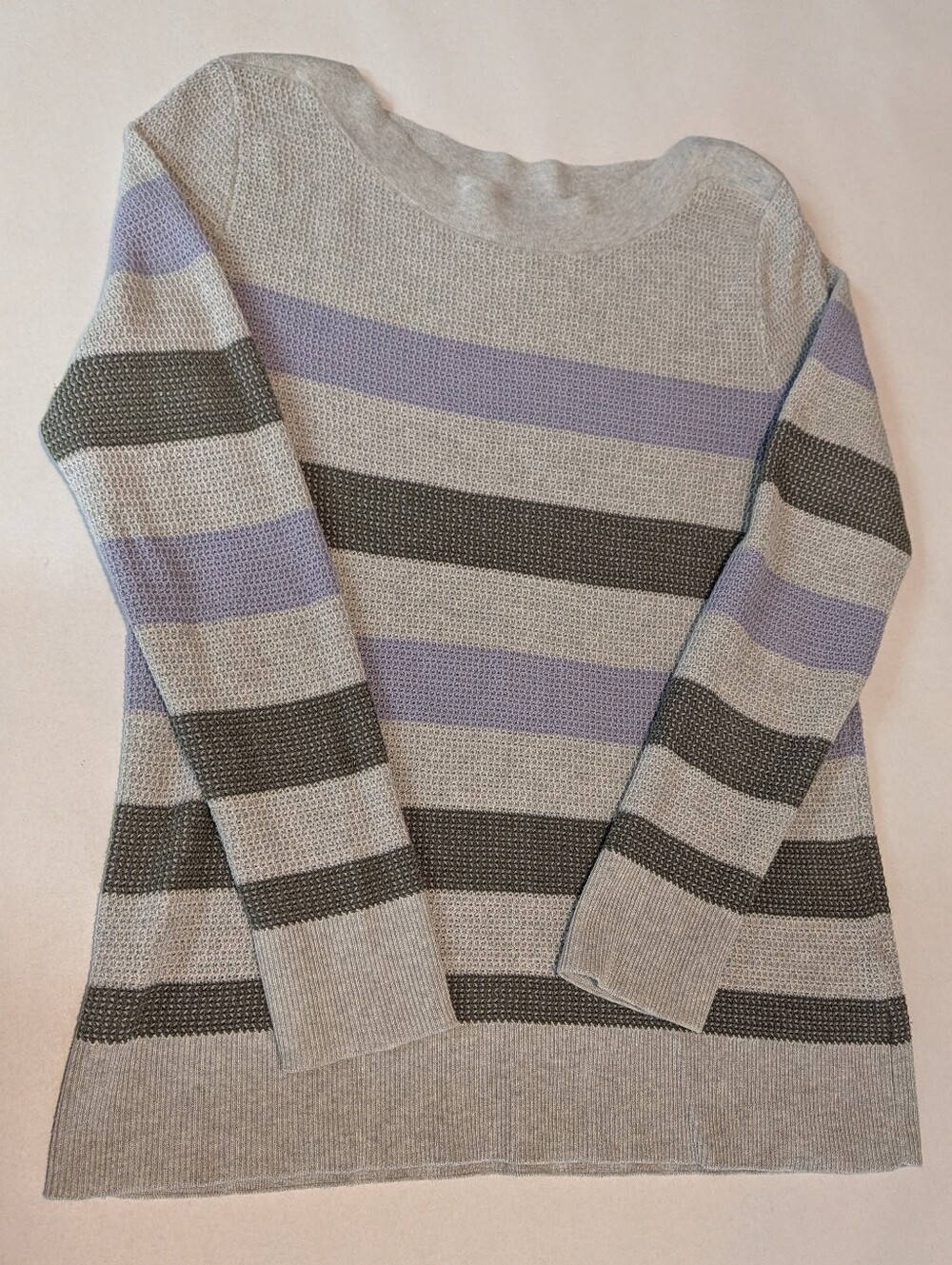 Market & Spruce Womens Large Gray Blue Sweater Stripes Waffle Boat Neck Nautical